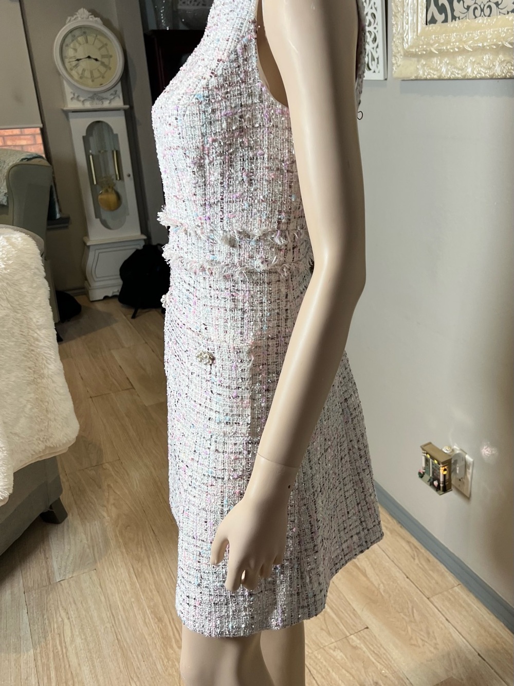 Sleeveless Tweed A-Line Dress in Pastel Pink - Picture 8 of 15
